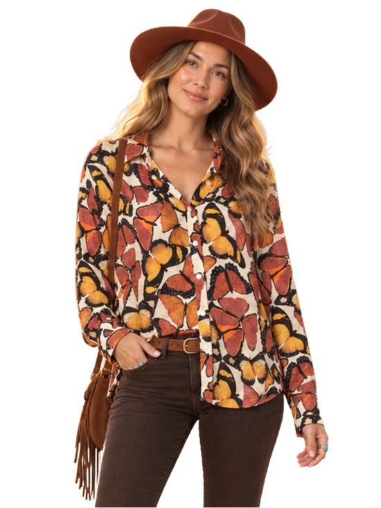 Jane and Delancey Tops - Jane + Delancey Butterfly Print Button Down Blouse Boho Medium, Fall Colors